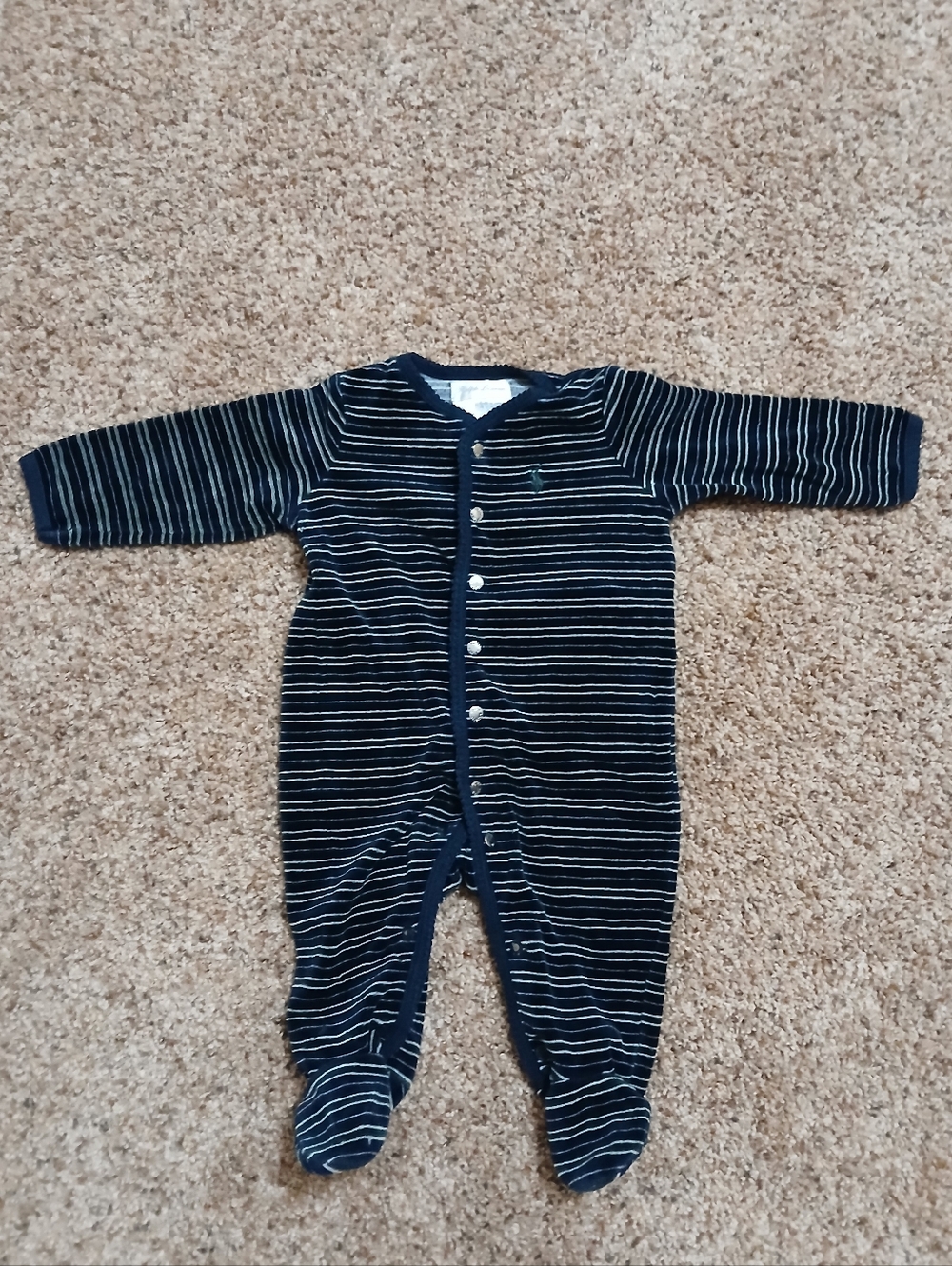 Vintage Ralph Lauren Polo Baby Velour Romper Sleeper Snap Feet 6 M Blue Stripe